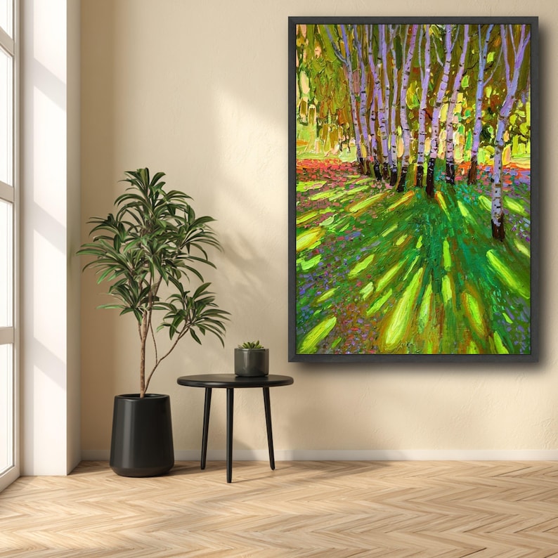 David Hockney Vibrant Birch Trees Canvas, David Hockney Impressionist Forest Scene, Colorful Nature Wall Art, Landscape Canvas imagem 3