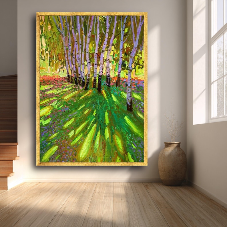 David Hockney Vibrant Birch Trees Canvas, David Hockney Impressionist Forest Scene, Colorful Nature Wall Art, Landscape Canvas imagem 2