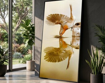 Canvas vogel drinkwater, kunst weerspiegeling in het wild, natuurmuurdecor, canvas dierenfotografie, rustige woondecoratie