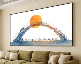 May include: A large rectangular wall art piece featuring a watercolor illustration of a crowd of tiny figures walking in an arched formation. A large, solid orange circle sits behind the center of the arch against a white background.