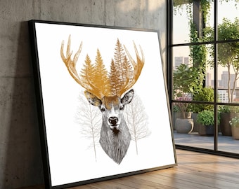 Rustic Deer with Forest Antlers Canvas, Woodland Nature Wall Art, Animal Silhouette Canvas, Home Decor, Rustic Living Room Art