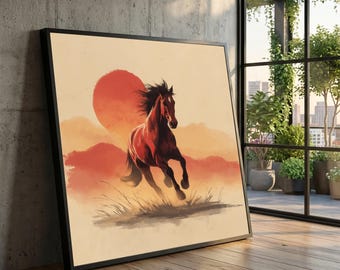 Lienzo decorativo de semental corriendo, impresión de caballo salvaje, lienzo con paisaje al atardecer, decoración rústica de animales, decoración ecuestre para el hogar.