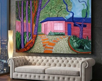 David Hockney Bunte Gartenbahn Leinwand, David Hockney Wandkunst, moderne Landschaft Lebendige Dekoration, fertig zum Aufhängen der Leinwand