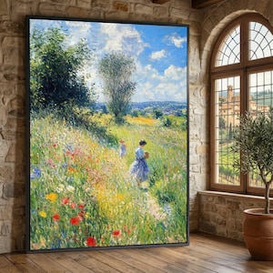 Könnte beinhalten: Gerahmtes Landschaftsgemälde, das ein sonniges Blumenfeld mit zwei Figuren in der Ferne zeigt. Das Kunstwerk weist leuchtende Farben auf, darunter Rot, Gelb und Blau, unter einem hellblauen Himmel mit flauschigen weißen Wolken. Das Gemälde wird in einem Raum mit einer Backsteinmauer und einem großen Bogenfenster ausgestellt.