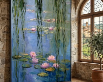 May include: A rectangular wall art print featuring an impressionist-style painting of a pond with pink water lilies and green lily pads. Long, hanging willow branches drape down from the top, set against a blue water background.