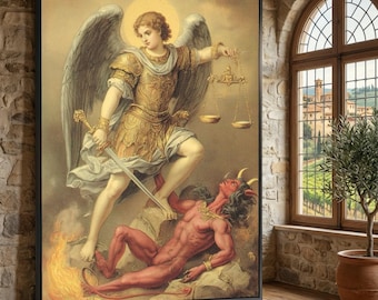 Archangel Michael Canvas Wall Art, Angel Defeating Devil, Religious Spiritual Artwork, Christian Home Decor, Divine Protection