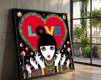 May include: A framed rectangular wall art piece featuring a central red heart with the word LOVE in colorful block letters. Below the heart is a stylized figure with black hair, large eyes, and multiple hands, surrounded by vibrant circular patterns.