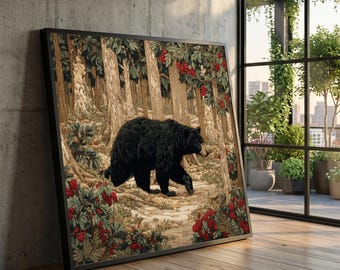 Black Bear in Forest Canvas, Woodland Wildlife Art, Nature Scene Wall Art, Rustic Cabin Decor, Outdoor Landscape Canvas, Ready to Hang