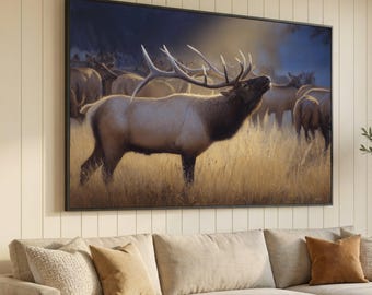 Lienzo de alce toro majestuoso, arte de pared de vida silvestre, decoración rústica para el hogar con animales de la naturaleza, lienzo de paisaje forestal, decoración de pared lista para colgar