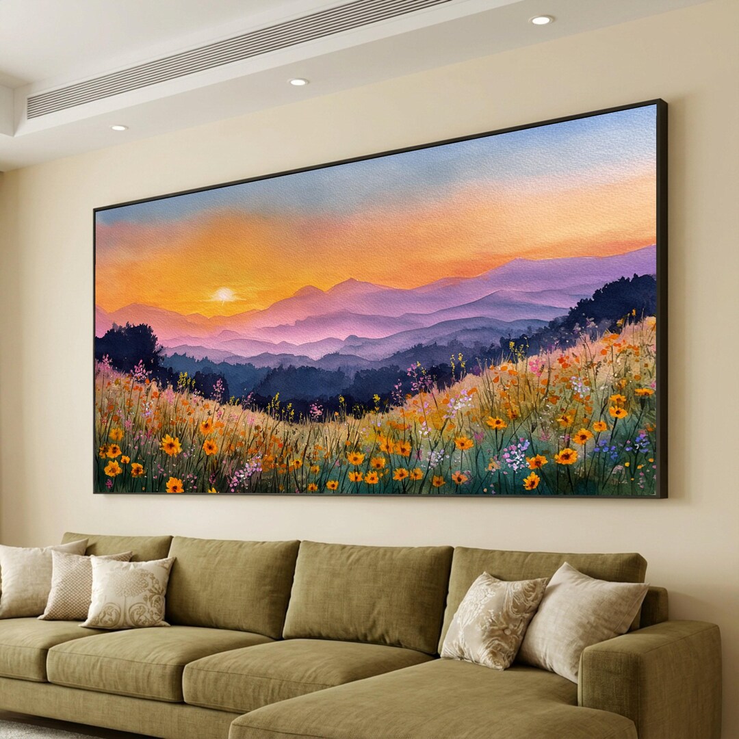 Vibrant Wildflower Meadow Canvas, Sunset Mountain Landscape Wall Art ...