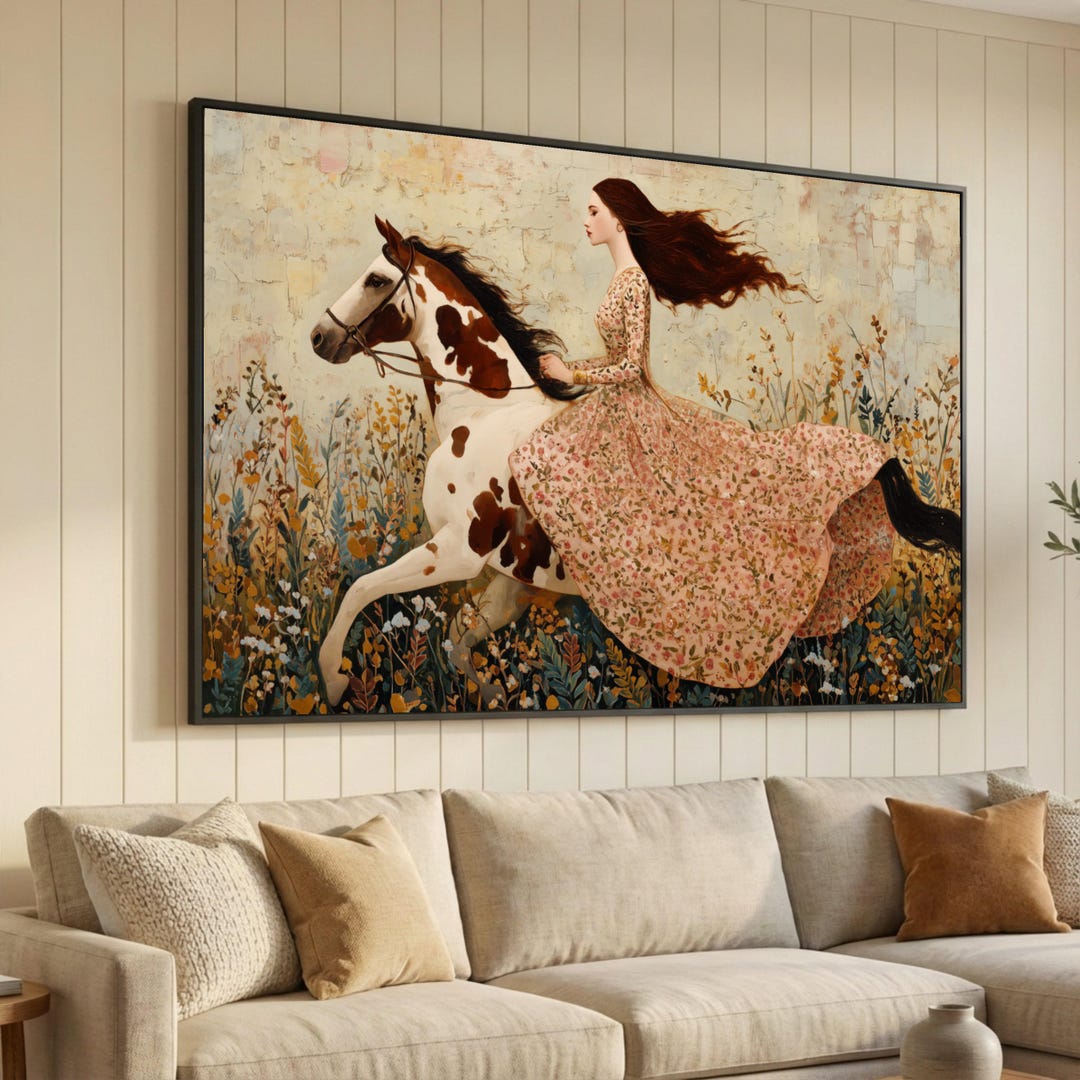 Gustav Klimt Style Elegant Woman Riding Horse Canvas, Floral Dress Art ...