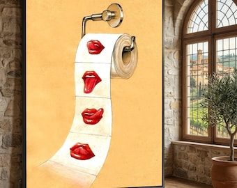 Grillige lippen wc-papierrol canvas, grappige badkamer muurkunst, eigenzinnig interieur, humoristische canvasafdruk, unieke badkamerdecoratie
