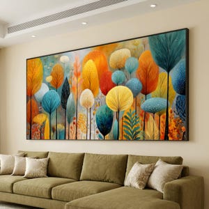 Art mural abstrait coloré sur toile forêt, arbres d'automne sur toile nature moderne, décoration murale botanique vibrante, oeuvre d'art prête à accrocher