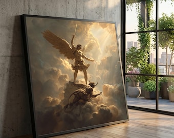 Archangel Michael Defeating Satan Canvas, Angelic Battle Scene Wall Art, Spiritual Home Decoration, Divine Light Clouds Canvas
