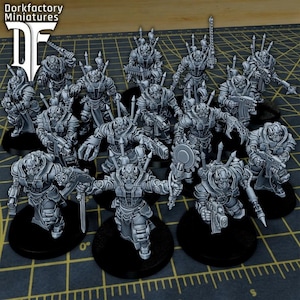 May include: A group of grey miniature figurines depicting futuristic soldiers, each on a black circular base. The figures are armed with various weapons and have detailed armour. The "Dorkfactory Miniatures" logo is visible in the top left corner.