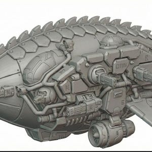 May include: A grey model of a futuristic airship with intricate detailing. The airship has a pointed nose, a dorsal fin, and various turrets and engines. The design combines smooth and textured surfaces, hinting at a fusion of technology and organic forms.