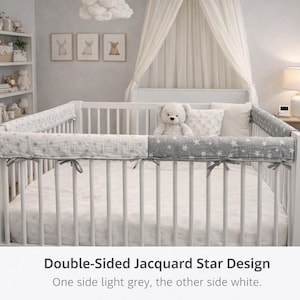 Organic Muslin Crib Rail Cover, Reversible Jacquard Stars, Hypoallergenic Cotton Ties
