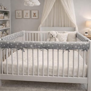 Organic Muslin Crib Rail Cover, Reversible Jacquard Stars, Hypoallergenic Cotton Ties