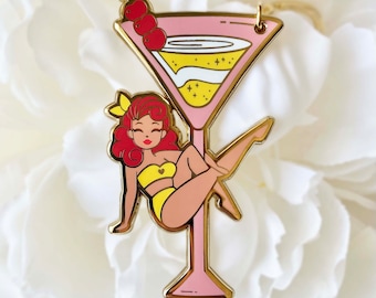 Martini Sit Pole Dancing Gold Enamel Keychain (Red/Pink Hair)