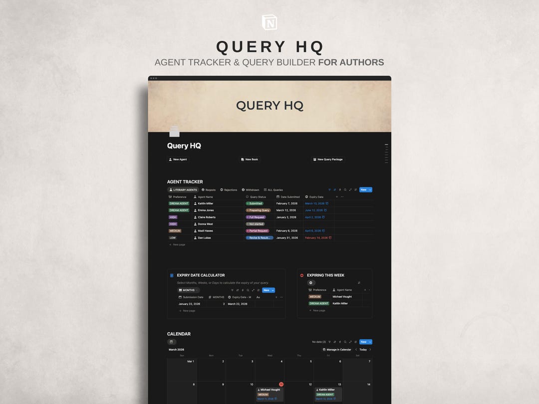 Query HQ - Notion Template for Authors - Literary Agent Tracker & Query ...