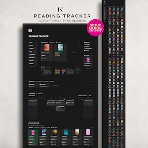 May include: A digital Notion reading tracker template featuring a dark interface with book cover thumbnails, reading progress bars, a calendar view, and an upcoming releases section. A pink circular badge states SETUP GUIDE INCLUDED.