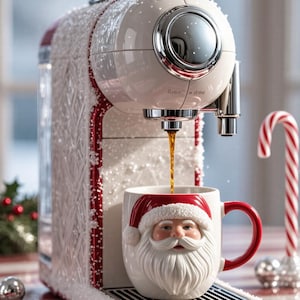 Può includere: Una macchina per caffè espresso bianca e rossa con una tazza di Babbo Natale. La macchina ha un design nevoso decorativo e sta erogando caffè nella tazza. Un bastoncino di zucchero e ornamenti sono sullo sfondo.