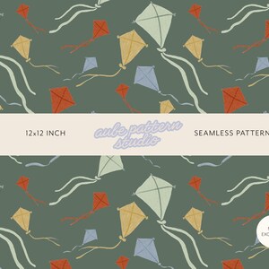 May include: A seamless pattern featuring various kites in shades of red, yellow, light blue, and off-white on a dark green background. A central horizontal band displays the text 12x12 INCH, aube pattern studio, and SEAMLESS PATTERN.