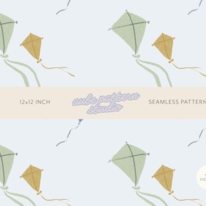 May include: A seamless pattern on a light blue background featuring repeating illustrations of sage green and mustard yellow kites with long tails. The image includes the text 12x12 INCH, aube pattern studio, SEAMLESS PATTERN, and NON EXCLUSIVE.