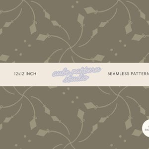 Può includere: Un motivo senza cuciture in verde oliva con disegni a linee beige chiaro di aquiloni su fili e piccoli punti. Una fascia orizzontale al centro mostra il testo 12x12 INCH, aube pattern studio e SEAMLESS PATTERN. Un piccolo cerchio bianco riporta la scritta NON EXCLUSIVE.