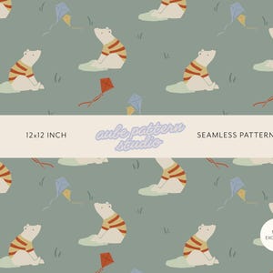 May include: A seamless pattern on a sage green background featuring repeating illustrations of white polar bears wearing orange and yellow striped shirts, accompanied by small blue and red kites and grass tufts. Text reads 12x12 INCH, aube pattern studio, SEAMLESS PATTERN, and NON EXCLUSIVE.