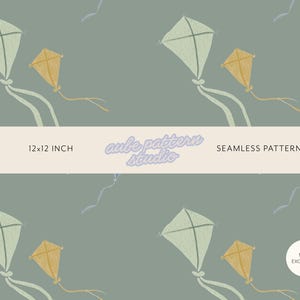 May include: A seamless pattern featuring light green and gold kites on a sage green background. A horizontal band across the centre displays the text 12x12 INCH, aube pattern studio, and SEAMLESS PATTERN. A small white circle in the corner reads NON EXCLUSIVE.