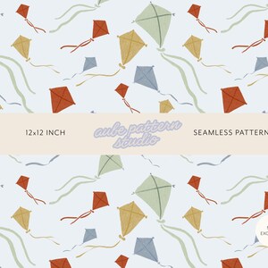 May include: A seamless pattern featuring illustrated kites in shades of sage green, terracotta, mustard yellow, and slate blue on a light blue background. The text 12x12 INCH, aube pattern studio, SEAMLESS PATTERN, and NON EXCLUSIVE are visible.