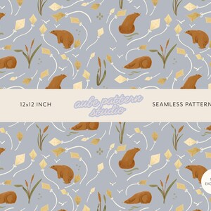May include: A seamless pattern on a light blue background featuring brown bears, yellow kites with white strings, and green cattail plants. The text reads 12x12 INCH, aube pattern studio, SEAMLESS PATTERN, and NON EXCLUSIVE.