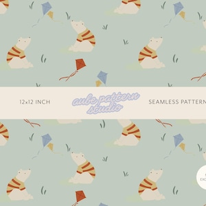 May include: A seamless pattern featuring white bears wearing red and yellow striped shirts, blue and red kites, and green grass blades on a light sage green background. A central horizontal band displays the text 12x12 INCH aube pattern studio SEAMLESS PATTERN.