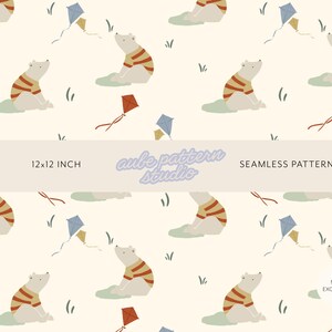 May include: A seamless pattern featuring white bears wearing red and yellow striped shirts, sitting on light green patches with blue and red kites and small green grass tufts on a cream background. Text reads 12x12 INCH, aube pattern studio, SEAMLESS PATTERN, NON EXCLUSIVE.