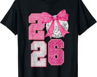 PNG rosa com glitter 2026, design de Feliz Ano Novo 2026, clipart de Ano Novo com bola de discoteca, gráfico de festa com laço rosa, PNG de Ano Novo para imprimir