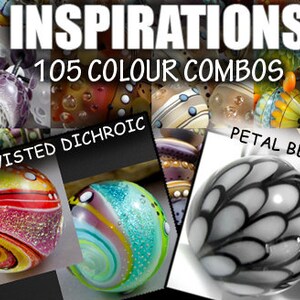 May include: A collage of colourful glass beads with the text "Inspirations 105 Colour Combos" at the top. The beads are arranged in a variety of patterns and colours, including red, yellow, blue, green, and black. The text "Twisted Dichroic" and "Petal Bead" are also visible in the image.