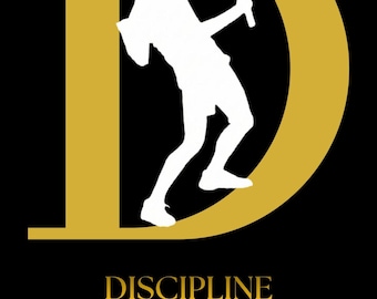 Plakat „DISCIPLINE” | Motywacyjne nastawienie | Minimalistyczny wystrój biura | Grafika ścienna z motywem tenisa | Pobieranie cyfrowe (czarno-białe)