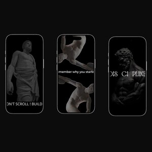 Peut inclure: Trois coques de téléphone avec des fonds noirs et des bordures blanches. Chaque coque présente une statue classique différente. L'une des coques porte le texte "DON'T SCROLL! BUILD". Une autre porte le texte "member why you started". La troisième porte le texte "DISCIPLINE".
