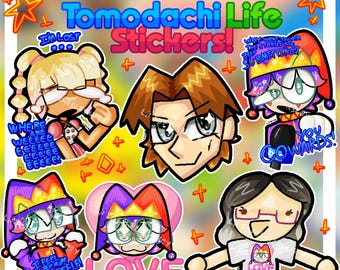 Puede incluir: Una colección de coloridas pegatinas de Tomodachi Life con varios personajes de dibujos animados con bocadillos y texto. Las pegatinas tienen un borde blanco e incluyen frases como "I'm Lost" y "Love."