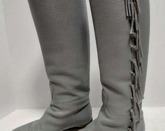 Handmade Grey Leather Fringe Boots – Knee-High Riding Boots