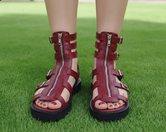 Women's Leather Gladiator Sandals - Chunky Platform Strappy Sandals - Burgundy Summer Shoes