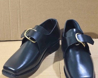 Bespoke Black Leather Monk Strap Shoes – Brass Buckle, Square Toe, Medieval Inspired
