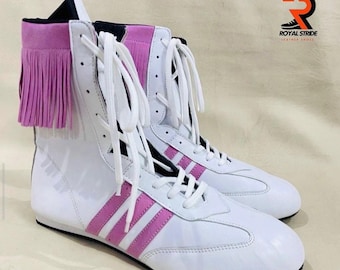 Różowo-białe skórzane buty bokserskie w stylu retro z wysoką cholewką – ręcznie robione buty w stylu ulicznym z frędzlami