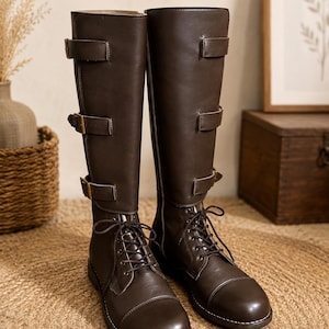 Handmade Leather Tall Buckle Boots - Men's Vintage Military Style Long Boots - Renaissance Fair Steampunk Boots - Cavalry Laceup Combat Boot