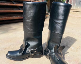 Medieval Leather Boots, Black Pirate Cosplay Shoes, Knee High Renaissance Boots, Mens Harness Boot