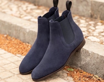 Botas Chelsea de ante azul marino hechas a mano / Botines de cuero para hombre