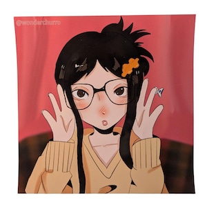 May include: Square print featuring an anime-style illustration of a person with black hair, glasses, and a yellow sweater. The person is making a peace sign with both hands. The background is a solid pink color. The text "wonderchurro" is in the top left corner.