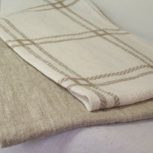 Tea Towel, Set of Two, Pure Linen Kitchen Towels, Natural and Plaid Linen Absorbent hand towels, fast drying