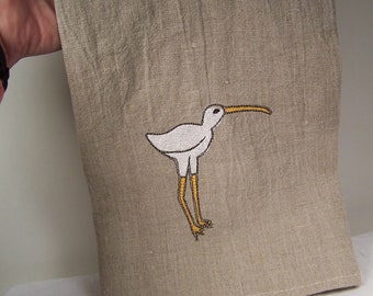 Embroidered Ibis Bird, Linen Tea Towel, Absorbent linen towel, kitchen tea towel, dish towel, flat woven towel, Hostess gift,